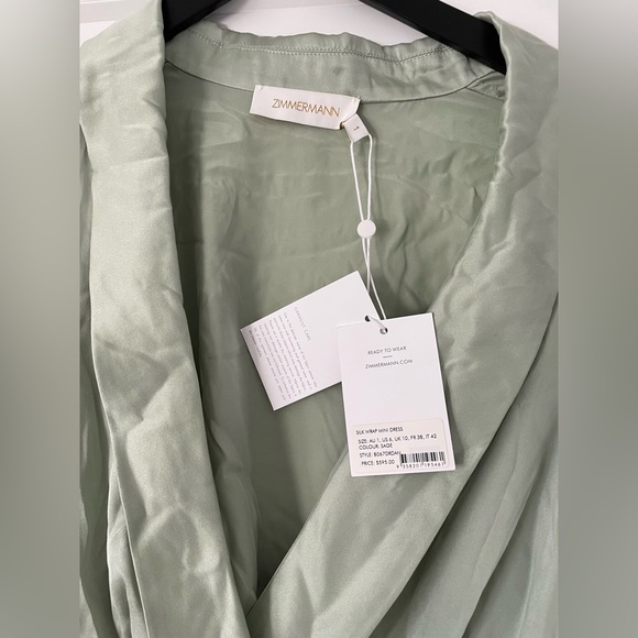 NEW ZIMMERMANN Silk Wrap Mini Dress Light Green - Picture 5 of 7